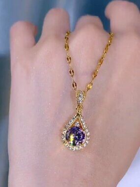 Oval Purple Crystal Gold Drop Necklace Elegant Evening Daily Wear Jewelry